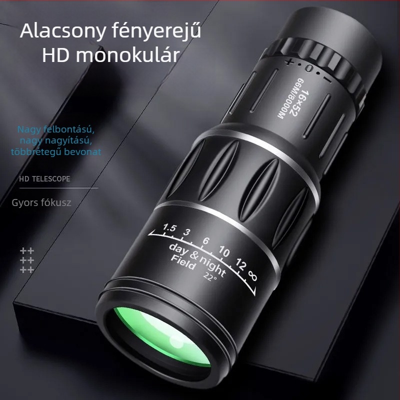 Monokuláris távcső 16x52, nagy nagyítás, gyenge fényviszonyok között éjjellátás, hordozható fotózáshoz okostelefonnal, kültéri használatra