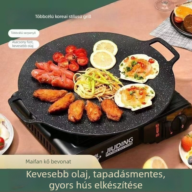 Maifan-kő tapadásmentes kör grill serpenyő vasból, multifunkcionális, hordozható, könnyen tisztítható