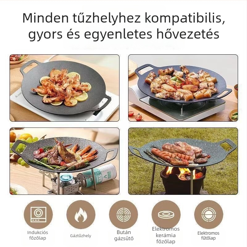 Maifan-kő tapadásmentes kör grill serpenyő vasból, multifunkcionális, hordozható, könnyen tisztítható