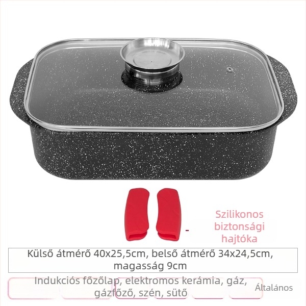 Téglalap alakú indukációs grill serpenyő, tapadásmentes bevonattal, nagy kapacitású, többfunkciós
