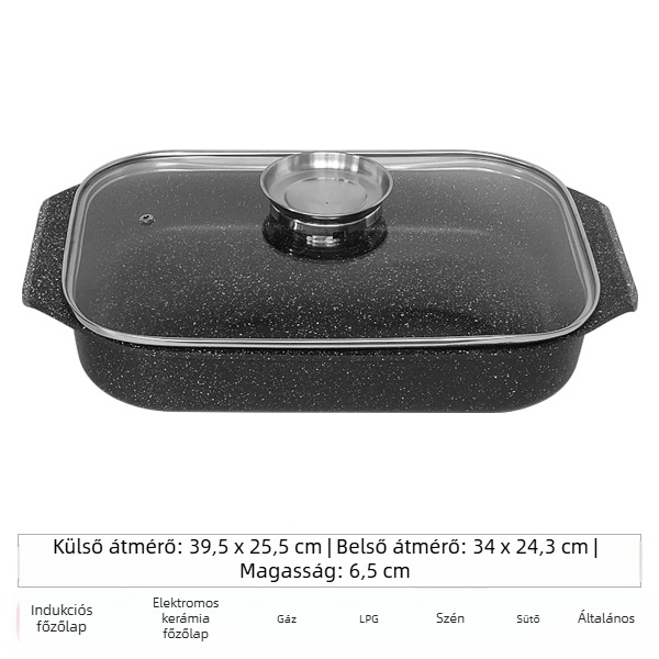 Téglalap alakú indukációs grill serpenyő, tapadásmentes bevonattal, nagy kapacitású, többfunkciós