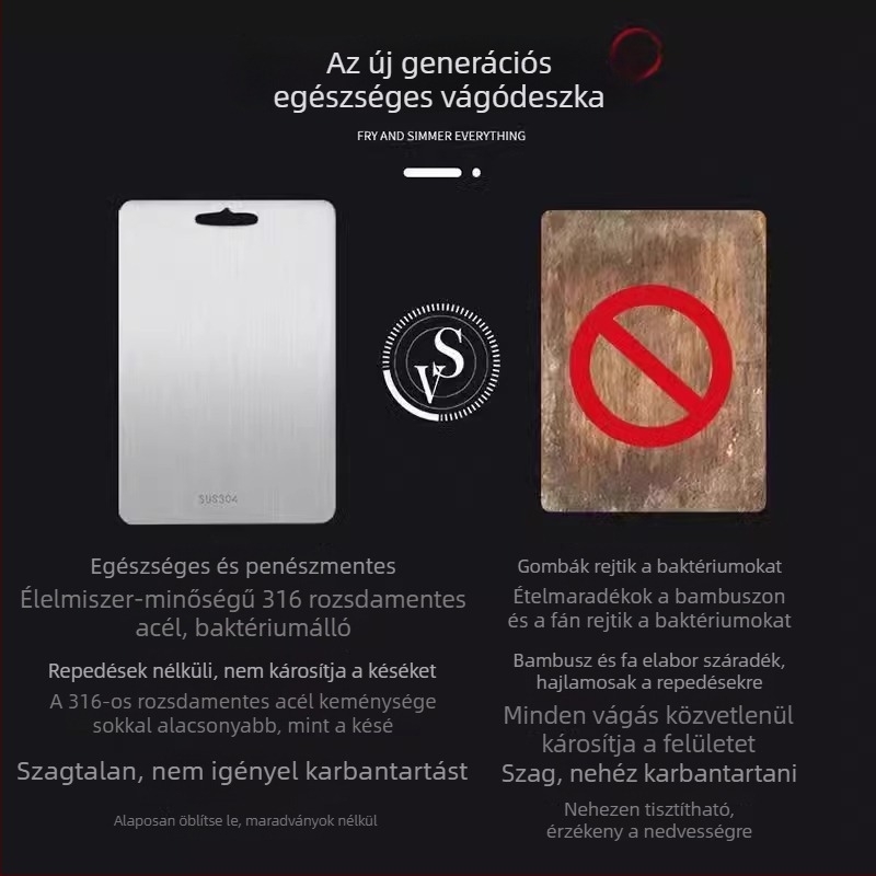 316 élelmiszer-minőségű rozsdamentes acél vágódeszka, kétoldalas, vastított, antibakteriális és penészálló, otthoni konyhára