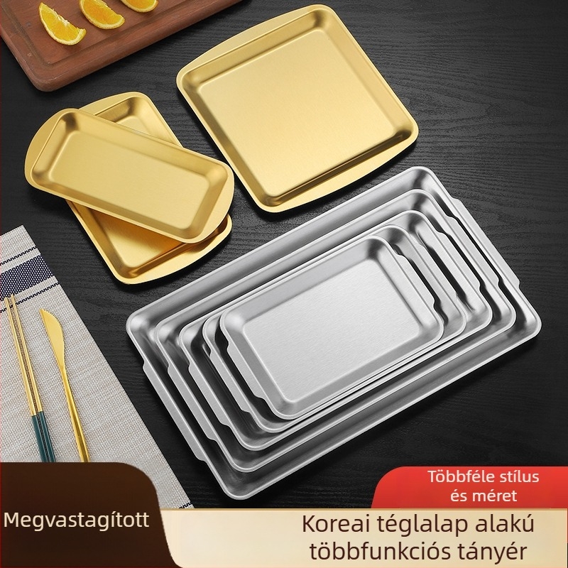 Vastagított rozsdamentes acélból készült koreai stílusú téglalap alakú grill tál dupla fogantyúval