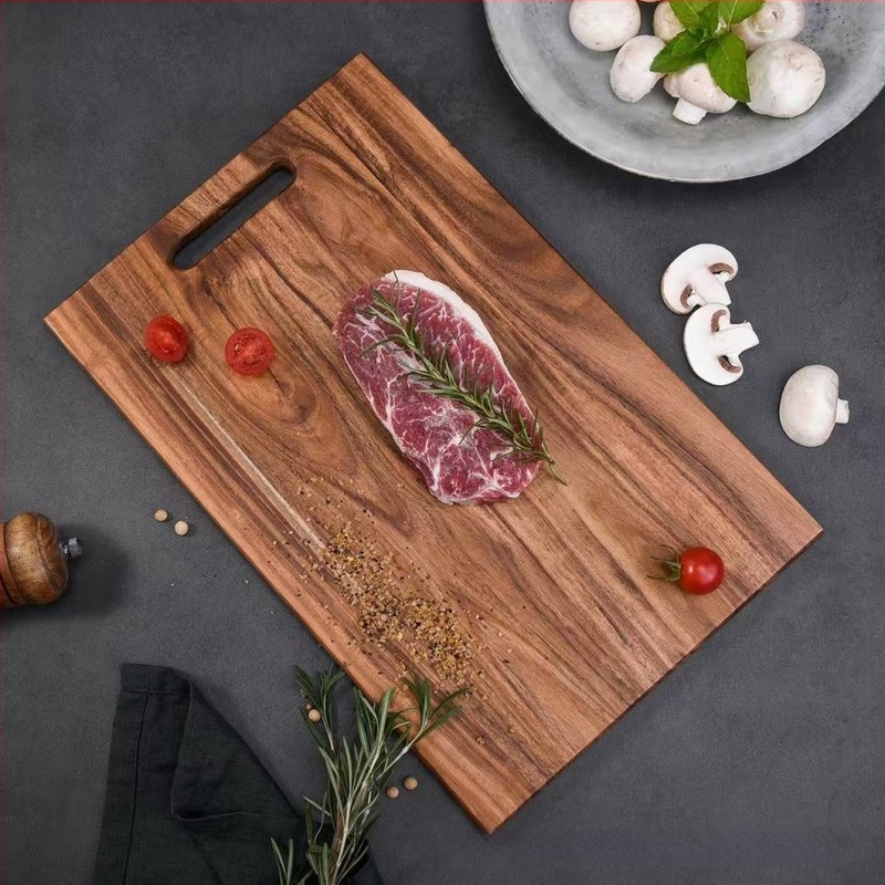 Nagy négyzet alakú vágódeszka akácfából, egyszerű tömörfa vágódeszka steakhez, vastagított keményfa háztartási használatra és nemzetközi alkalmazásokhoz