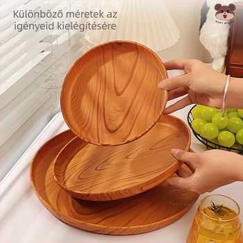 Kerek teás tálca imitált fa textúrával, japán stílus, glazúrozott felület, csíkos mintázat, logóval testreszabható