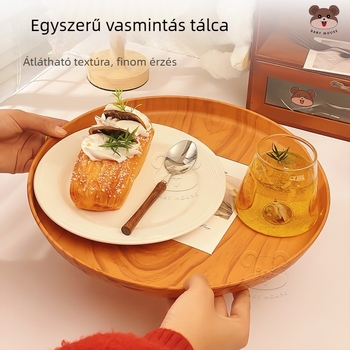Kerek teás tálca imitált fa textúrával, japán stílus, glazúrozott felület, csíkos mintázat, logóval testreszabható