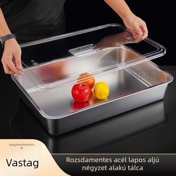 Rozsdamentes acélból készült téglalap alakú tál átlátszó fedővel, sík alj, gyümölcsök, hideg ételek és sütésre