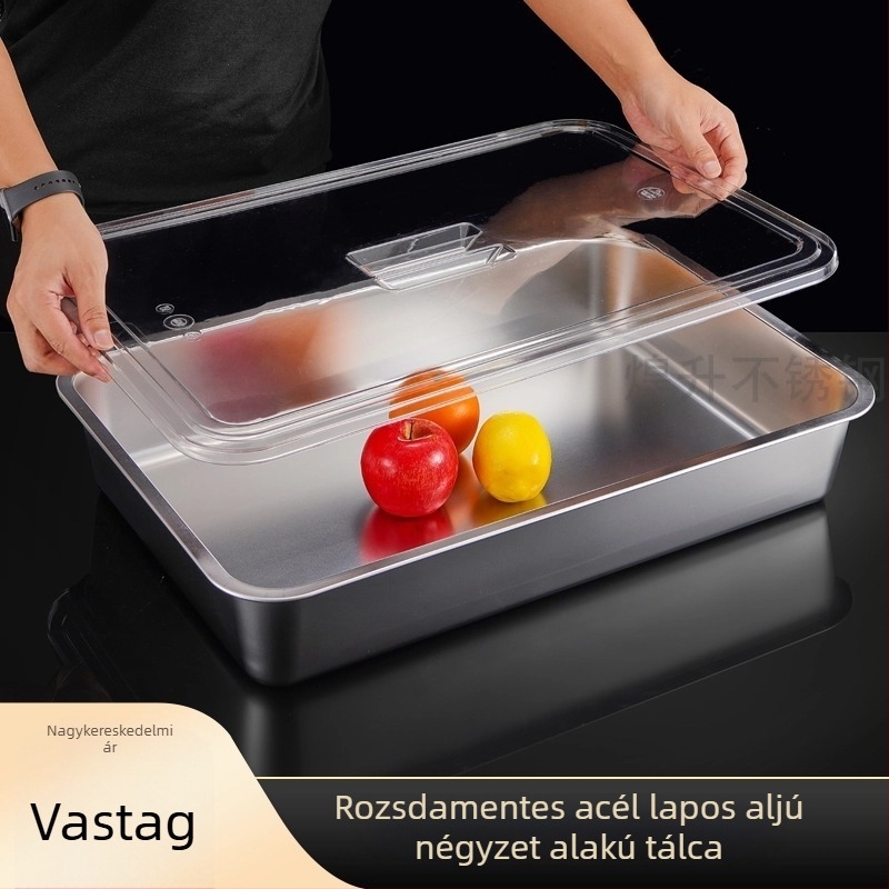Rozsdamentes acélból készült téglalap alakú tál átlátszó fedővel, sík alj, gyümölcsök, hideg ételek és sütésre