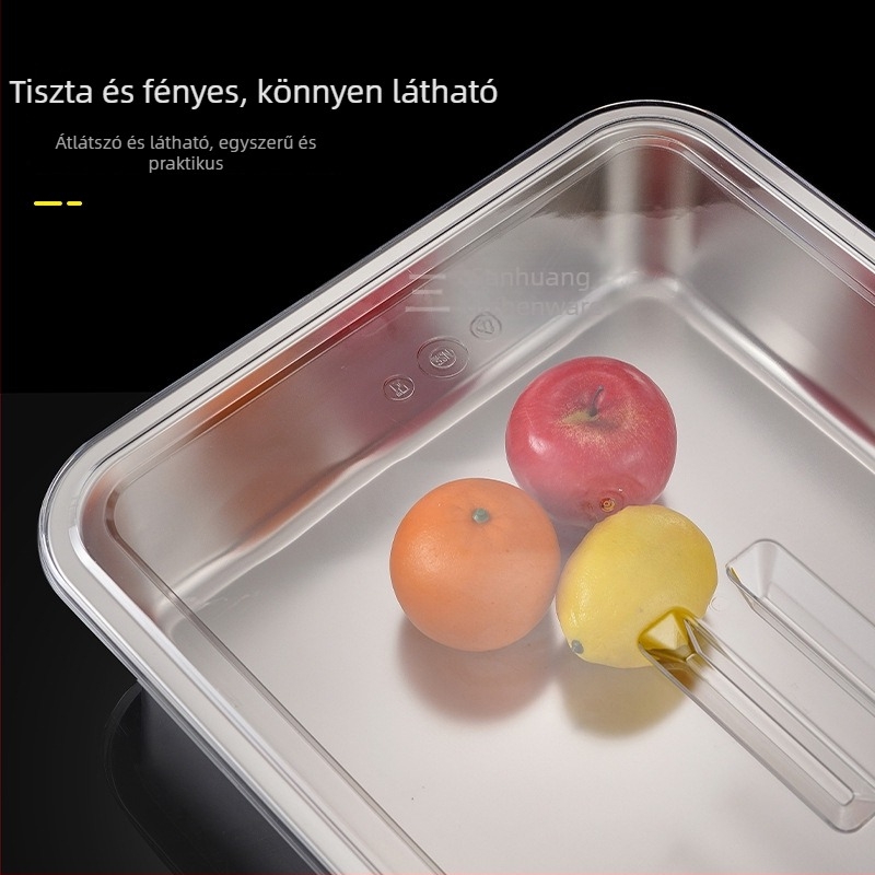 Rozsdamentes acélból készült téglalap alakú tál átlátszó fedővel, sík alj, gyümölcsök, hideg ételek és sütésre