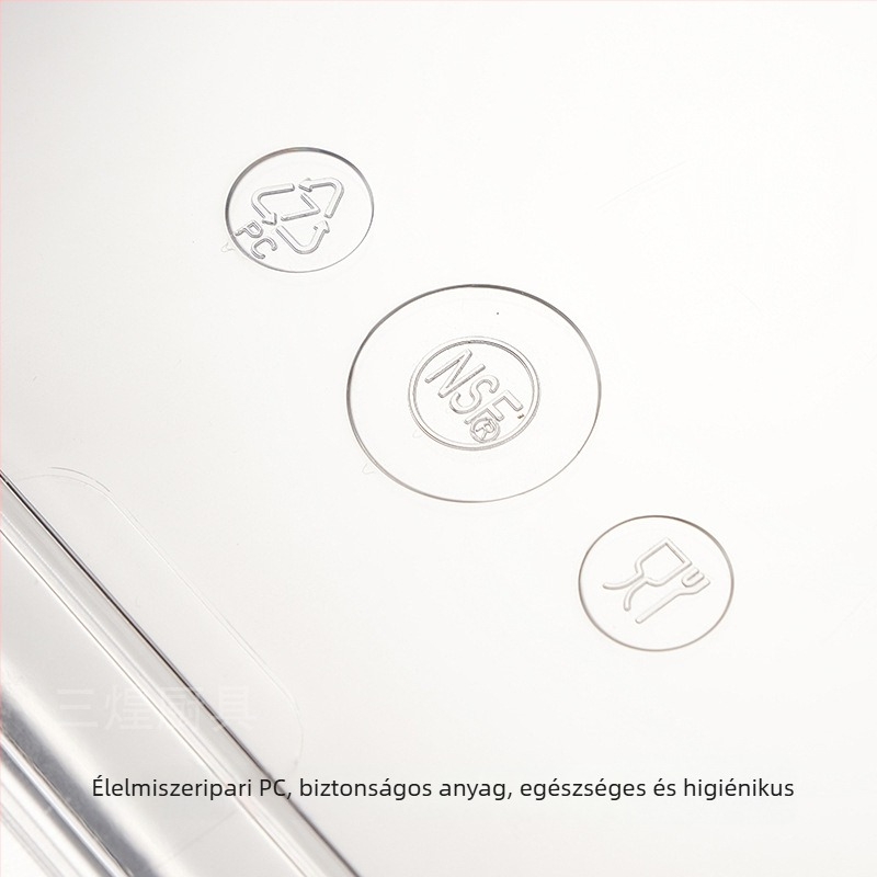 Rozsdamentes acélból készült téglalap alakú tál átlátszó fedővel, sík alj, gyümölcsök, hideg ételek és sütésre