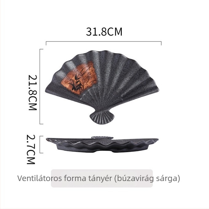 Kerámiából készült, fan alakú tál japán konyhához, mikrohullámú sütőben használható, aláglazúrozott, több mintával