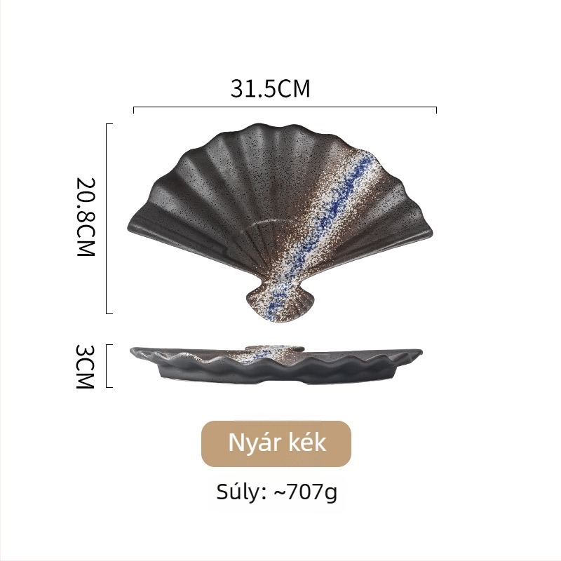 Kerámiából készült, fan alakú tál japán konyhához, mikrohullámú sütőben használható, aláglazúrozott, több mintával