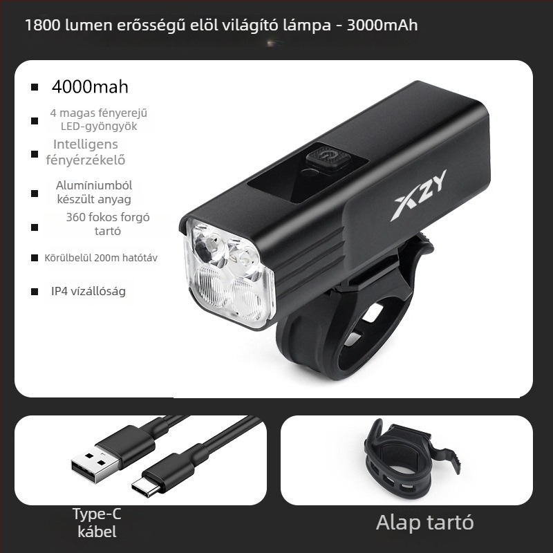 1800 lumen kerékpárfény, 4 LED, vízálló, Type-C töltés, hegyi kerékpárhoz