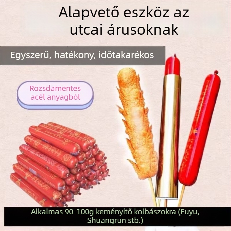 Rozsdamentes acél kolbászszövő eszköz kezdőknek — hatékony és könnyen használható utcai árusításnál, bambusznyársakkal