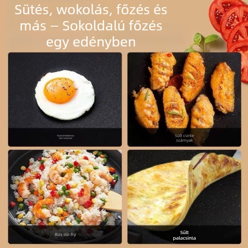 Vasból készült, tapadásmentes serpenyő, modern minimális stílus, egylapos aljzattal, általános tűzhelyhez való