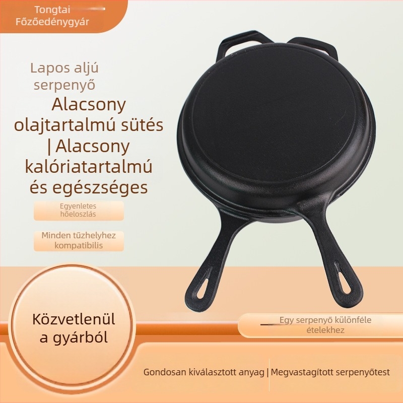 Öntöttvas serpenyő tapadásmentes felülettel, vastított alj, kettős alj, fa fedővel, 8 cm mély, általános főzőlapokra