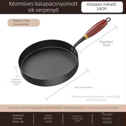 Régi stílusú vas serpenyő, lapos aljzattal, bevonat nélkül, indukcióhoz kompatibilis, vastagított aljzattal