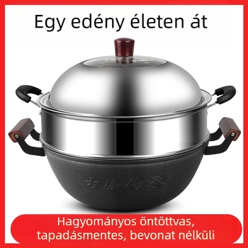 Öntöttvas wok lapos aljú, kínai stílusú, bevonat nélküli, rozsdamentes acél fedél üveggel