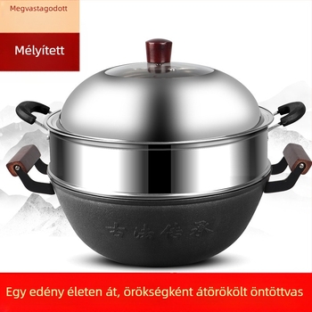 Öntöttvas wok lapos aljú, kínai stílusú, bevonat nélküli, rozsdamentes acél fedél üveggel