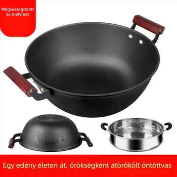 Öntöttvas wok lapos aljú, kínai stílusú, bevonat nélküli, rozsdamentes acél fedél üveggel