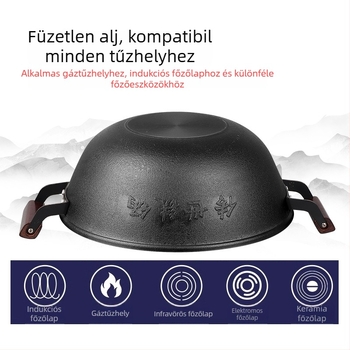 Öntöttvas wok lapos aljú, kínai stílusú, bevonat nélküli, rozsdamentes acél fedél üveggel
