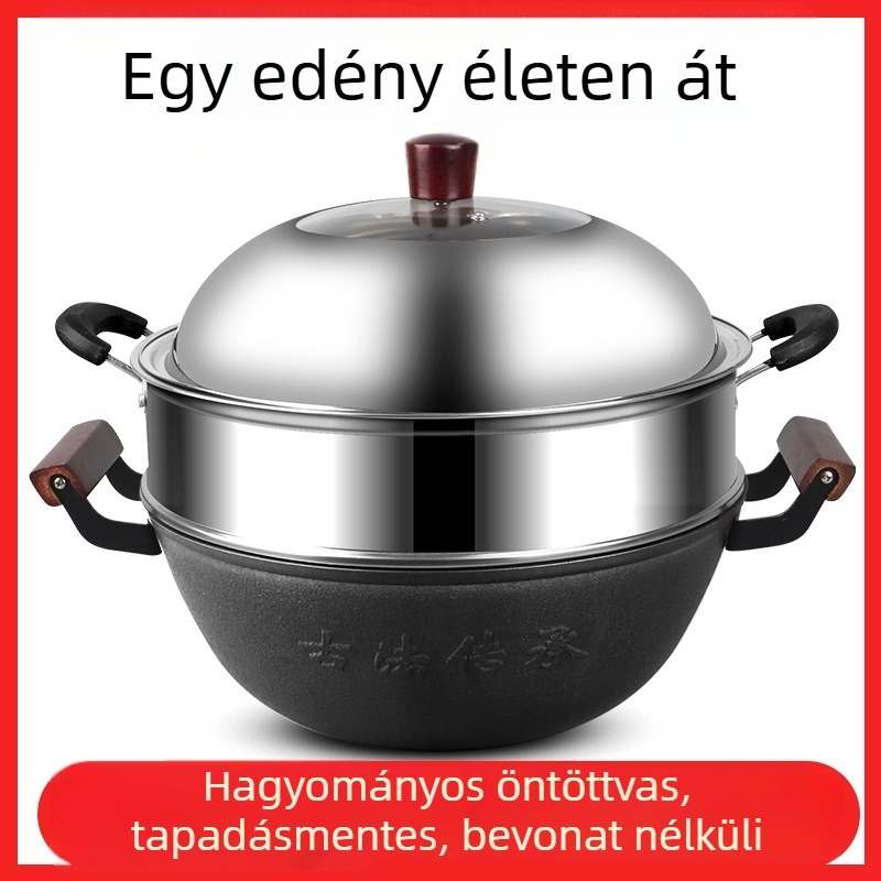 Öntöttvas wok lapos aljú, kínai stílusú, bevonat nélküli, rozsdamentes acél fedél üveggel