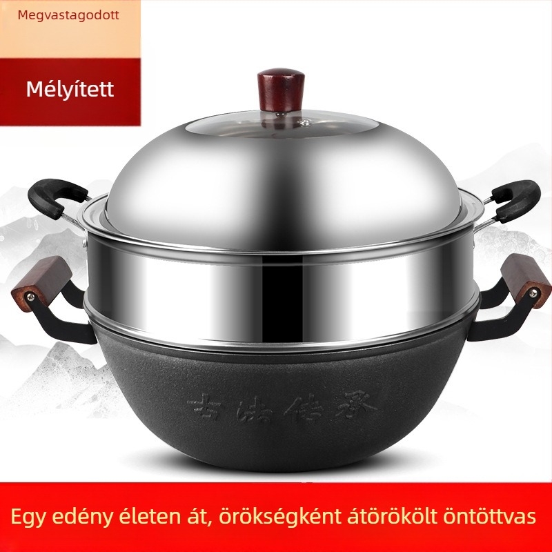 Öntöttvas wok lapos aljú, kínai stílusú, bevonat nélküli, rozsdamentes acél fedél üveggel
