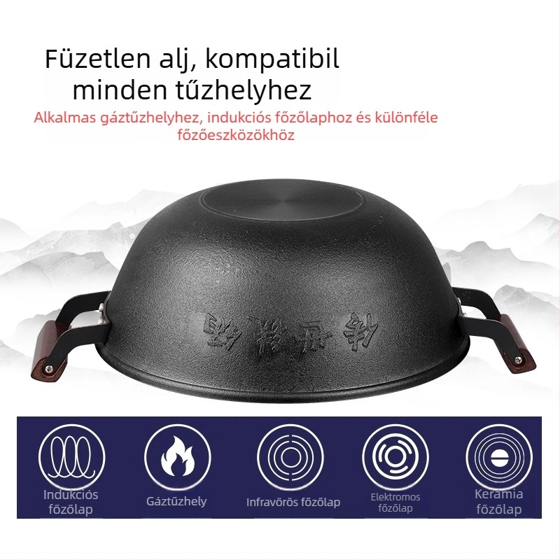Öntöttvas wok lapos aljú, kínai stílusú, bevonat nélküli, rozsdamentes acél fedél üveggel