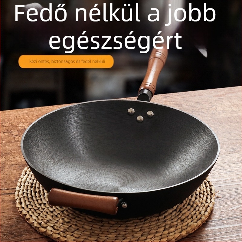 Peak öntöttvas wok, bevonat nélküli serpenyő, egyetlen alappal, 2 kg, rozsdamentes acél fedővel