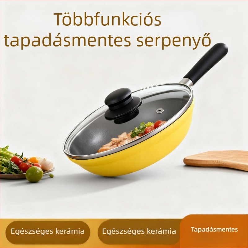 Egyszemélyes sárga serpenyő, tapadásmentes bevonattal, sík alj, alumíniumötvözet, dupla aljzat