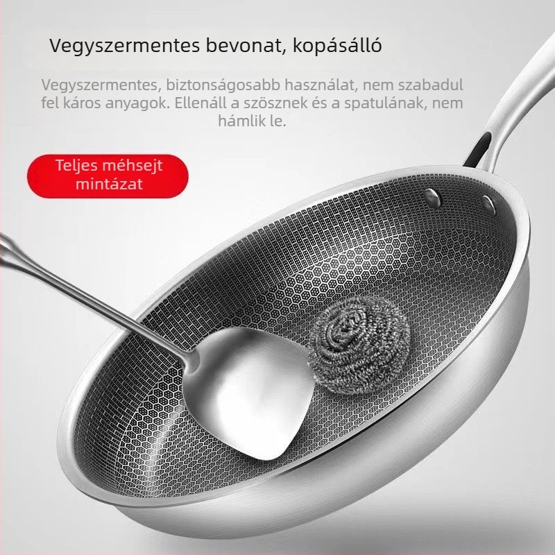 410-es rozsdamentes acélból készült wok, méhsejt mintázatú felülettel, tapadásmentes bevonattal, lapos aljzat, 6 cm mélység