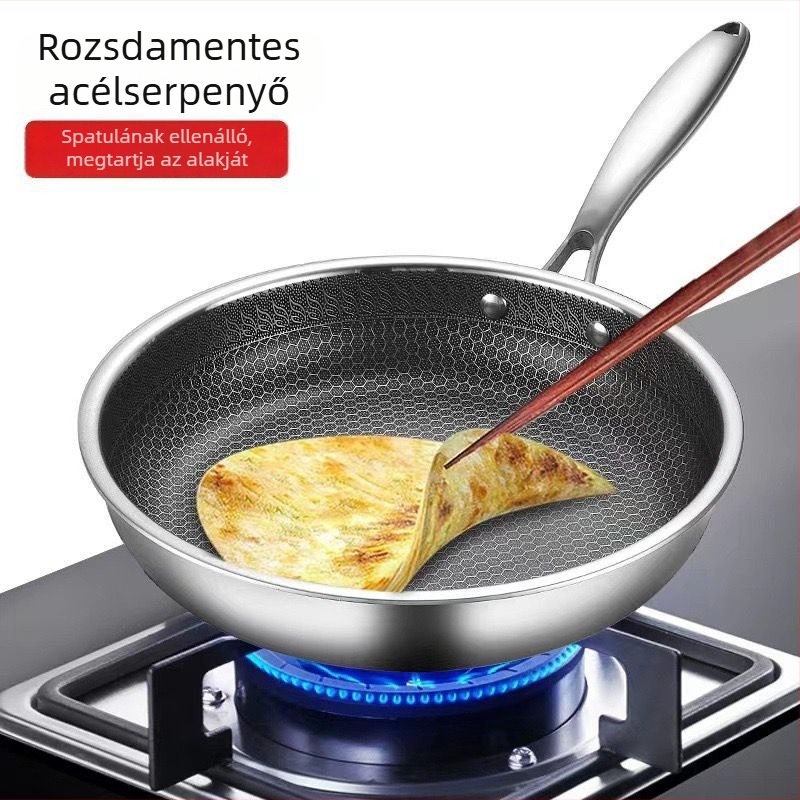 410-es rozsdamentes acélból készült wok, méhsejt mintázatú felülettel, tapadásmentes bevonattal, lapos aljzat, 6 cm mélység