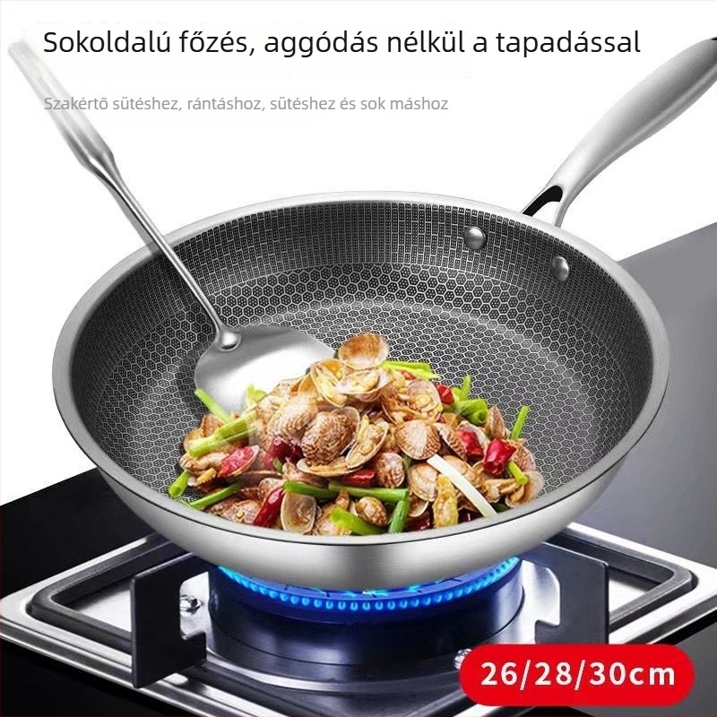 410-es rozsdamentes acélból készült wok, méhsejt mintázatú felülettel, tapadásmentes bevonattal, lapos aljzat, 6 cm mélység