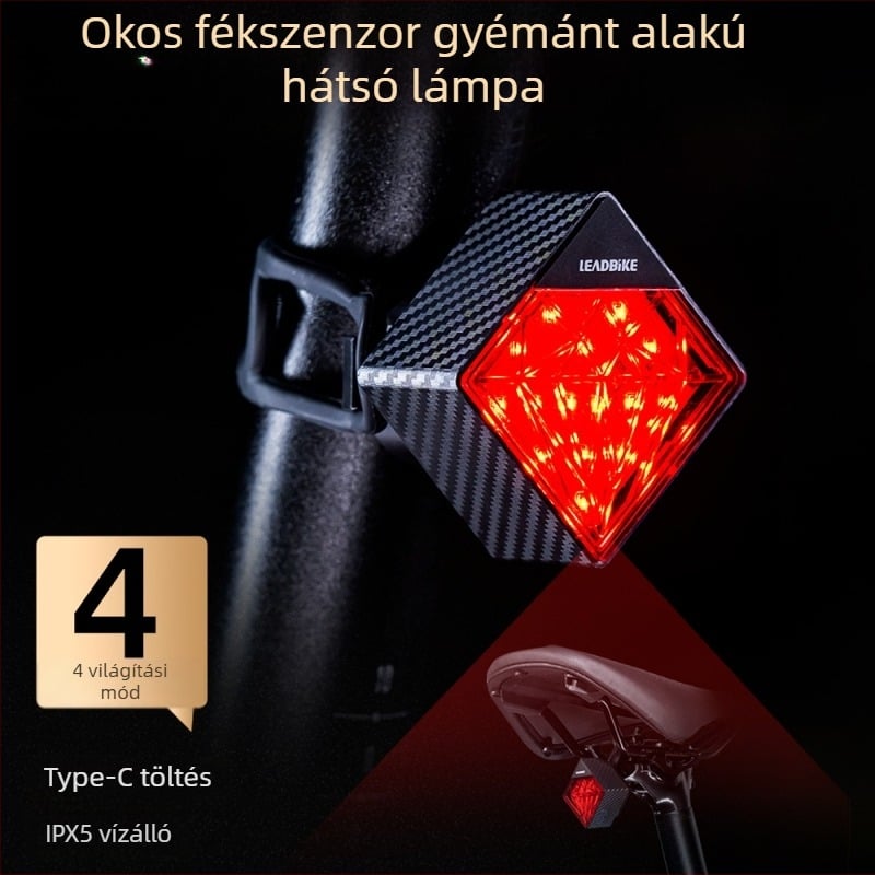 Töltővel ellátott kerékpáros hátsó lámpa intelligens fékérzékelővel, gyémánt dizájn, MTB-hez, dupla konzol rögzítés