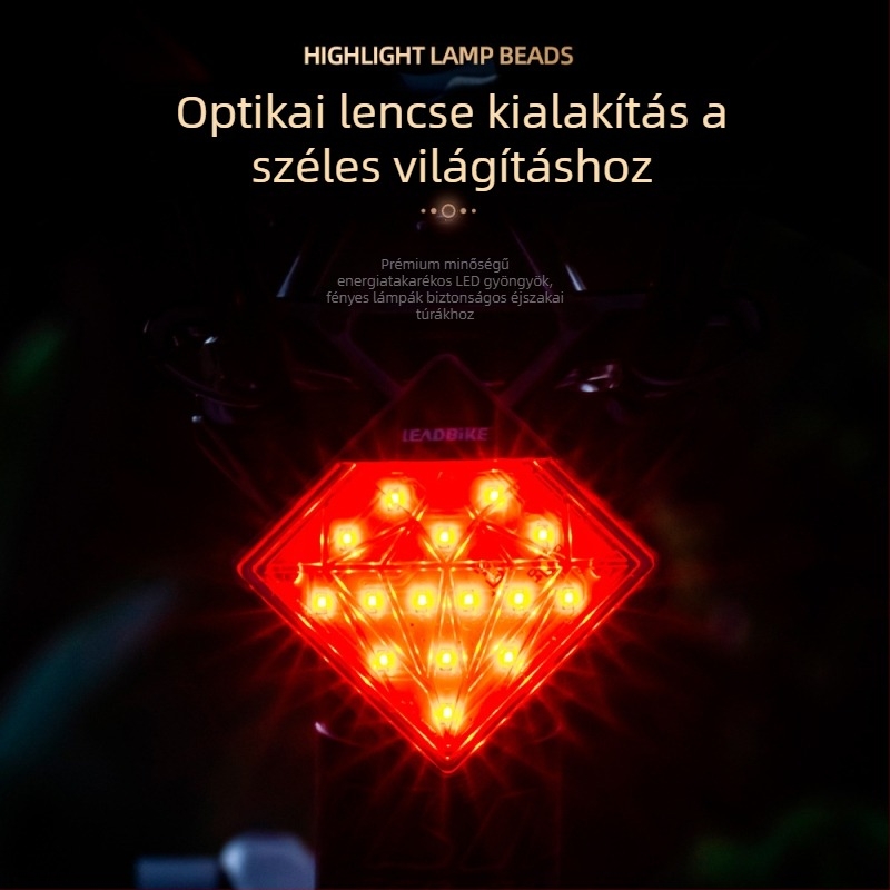 Töltővel ellátott kerékpáros hátsó lámpa intelligens fékérzékelővel, gyémánt dizájn, MTB-hez, dupla konzol rögzítés