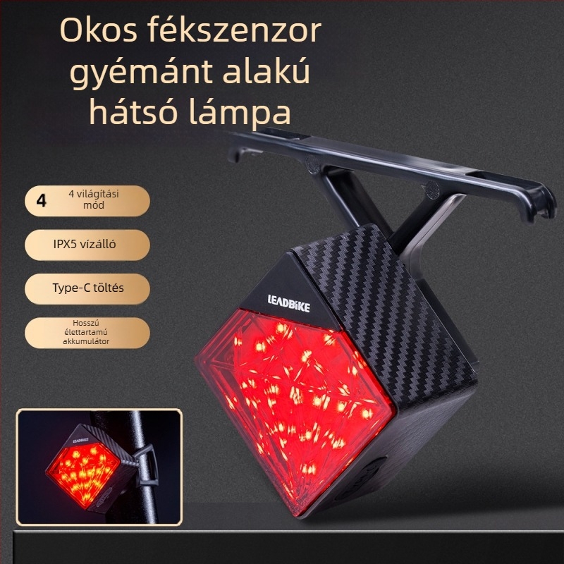 Töltővel ellátott kerékpáros hátsó lámpa intelligens fékérzékelővel, gyémánt dizájn, MTB-hez, dupla konzol rögzítés