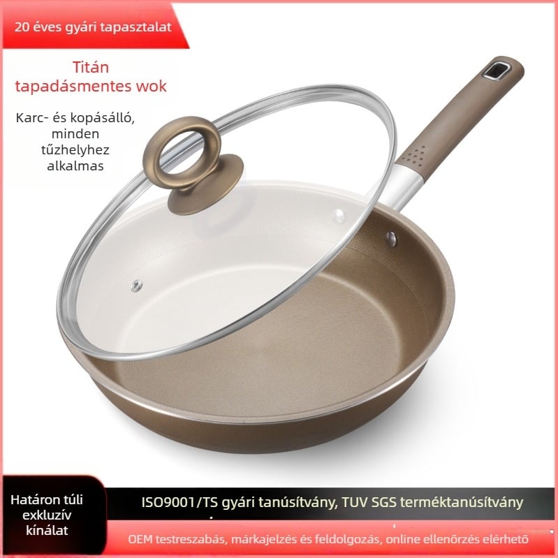 304 rozsdamentes acélból készült tapadásmentes serpenyő, 26 cm, üveggel fedő, háromrétegű alj
