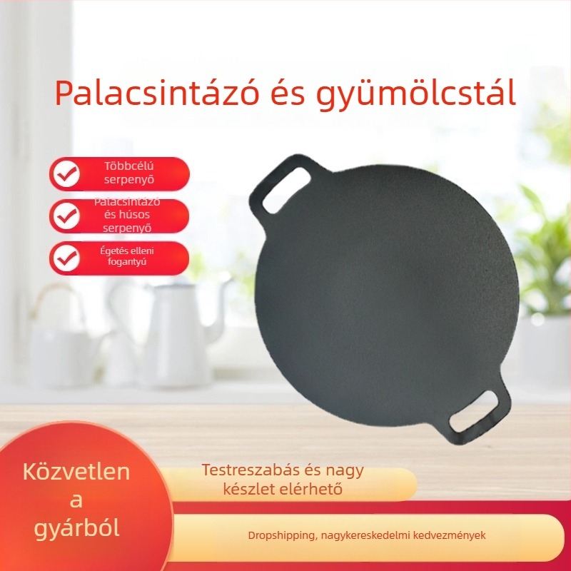 Öntöttvas palacsintasütő antiadhéziós bevonattal, Síka aljzattal, súly 1,55–3,05 kg, használható gázfőzőn