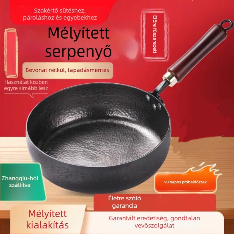 Zhangqiu eredeti mélyített lapos aljú serpenyő kovácsolt vasból, kézzel készített, fedetlen
