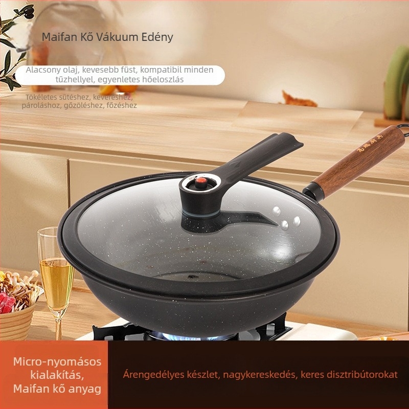 Wok finomvasból, tapadásmentes bevonat, többszörös rétegű aljzat, üvegfedő, általános tűzhelyhez kompatibilis
