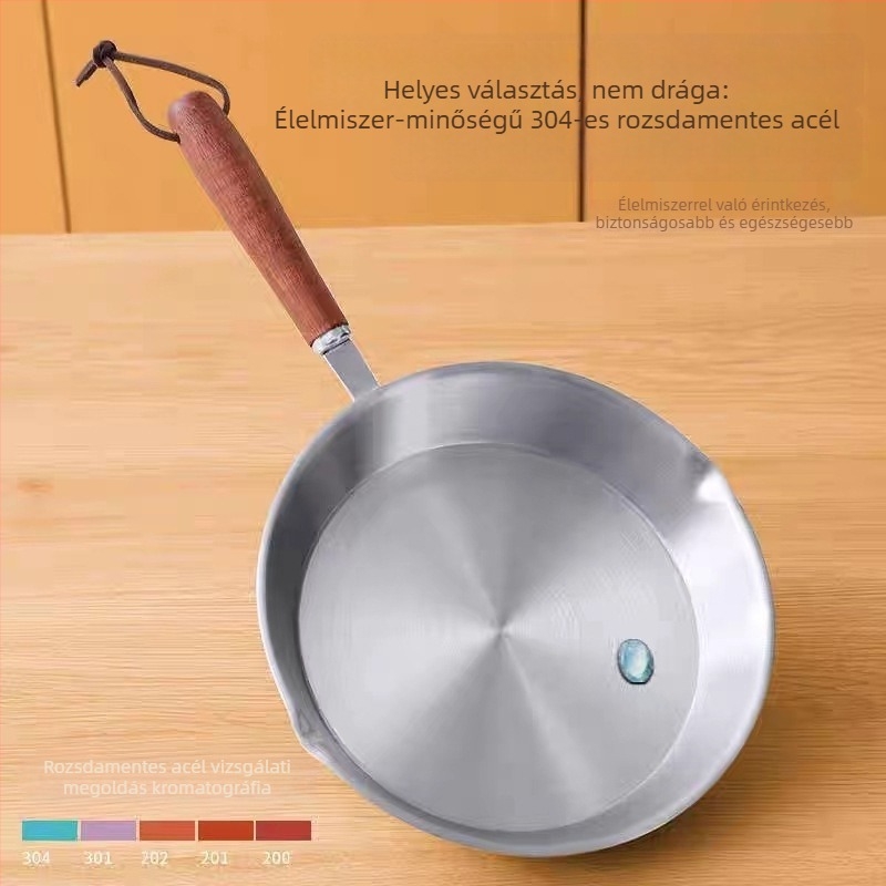 304 rozsdamentes acél olajserpenyő fa fogantyúval, 3 cm mélység, 235 g tömeg, egységes alj, fedél nélküli