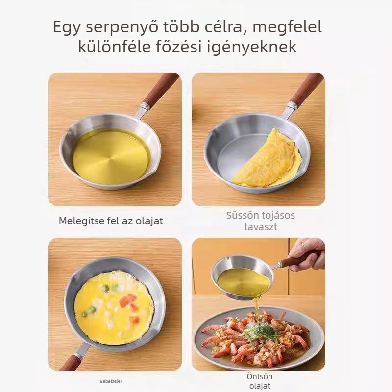 304 rozsdamentes acél olajserpenyő fa fogantyúval, 3 cm mélység, 235 g tömeg, egységes alj, fedél nélküli