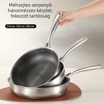 Tapadásmentes serpenyő sík alappal, kompatibil indukciós és gáztűzhelyekkel; ideális steak sütéséhez és otthoni használatra