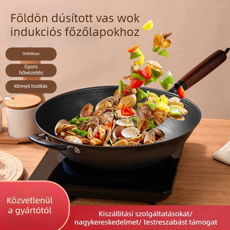 Öntöttvas wok kínai stílusú, modell ST-100, egységes aljzattal, általános tűzhelyekhez.