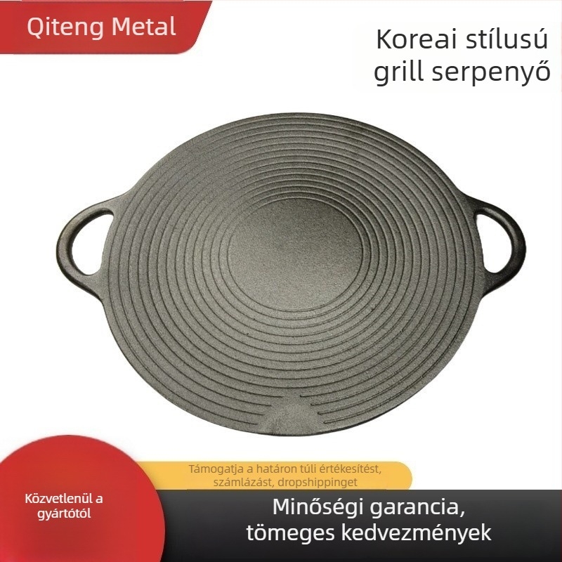 Öntöttvas serpenyő bevonat nélküli, csíkos felülettel – Teppanyaki és Koreai BBQ sütőedény kempingezéshez