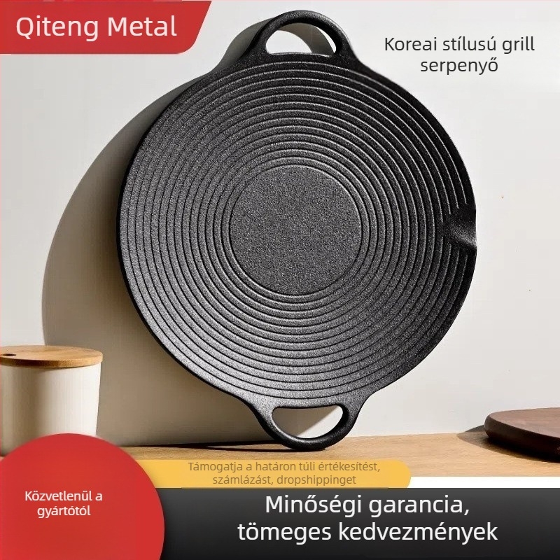 Öntöttvas serpenyő bevonat nélküli, csíkos felülettel – Teppanyaki és Koreai BBQ sütőedény kempingezéshez
