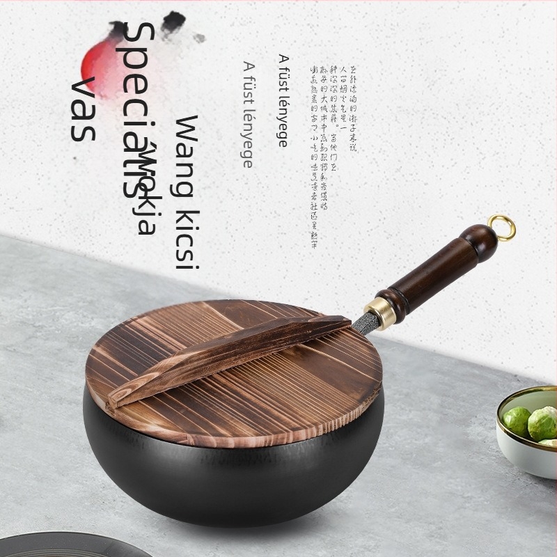 Nagy hasú wok - kézzel készített finom vasból, kínai stílus, fa fedél, 2,5 kg