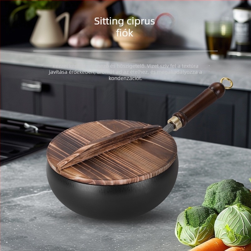 Nagy hasú wok - kézzel készített finom vasból, kínai stílus, fa fedél, 2,5 kg