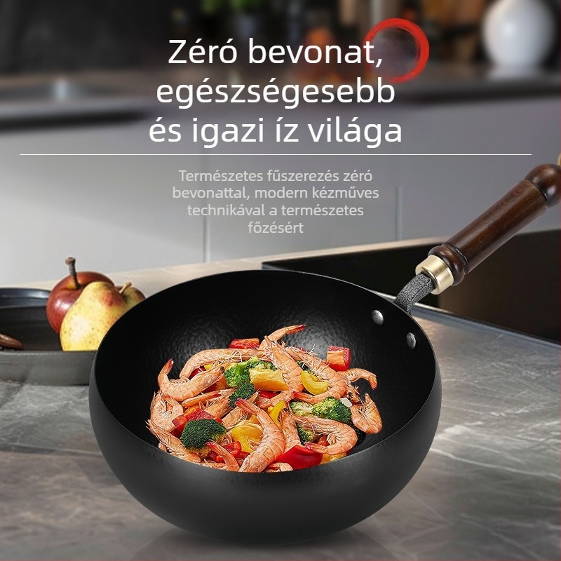 Nagy hasú wok - kézzel készített finom vasból, kínai stílus, fa fedél, 2,5 kg