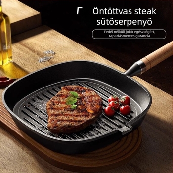 Steak serpenyő vasból, bevonat nélkül, természetes tapadásmentes felülettel, súly 1,36 kg, alkalmas gáz- és indukciós főzőfelületekhez